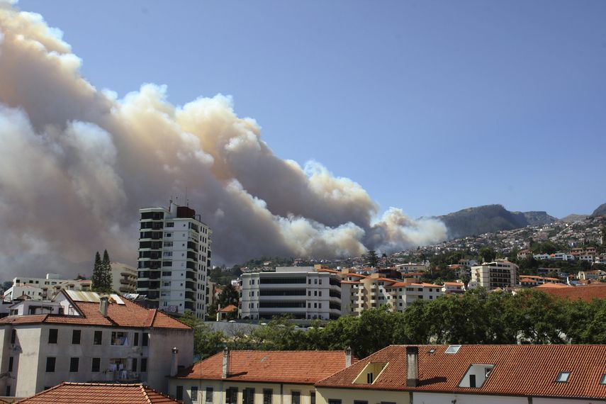 Vista del humo que se levanta en el cielo de Funchal, Madeira, Portugal. 238 efectivos entre bomberos, retenes y militares combaten las llamas auxiliados por 75 vehículos por tierra y dos aviones anti-incendios.  