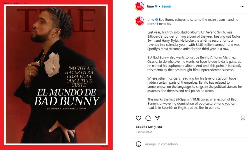 El cantante puertorriqueño Bad Bunny protagoniza la más reciente portada de la revista Time, siendo la primera carátula completamente en español en la historia de la popular publicación.