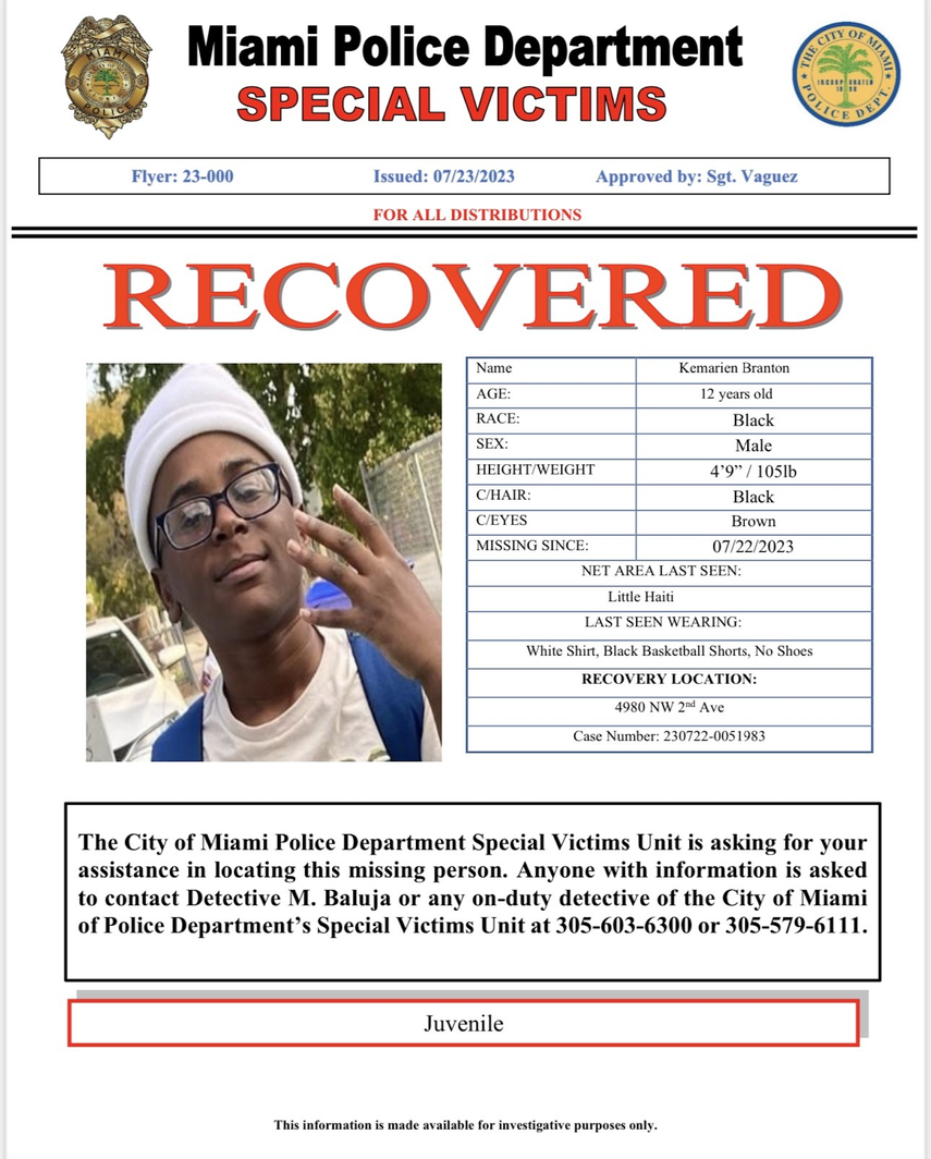 Boletín especial difundido por el Departamento de Policía de Miami.&nbsp;