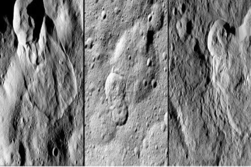 El amanecer ha revelado numerosos deslizamientos de tierra en Ceres, que los investigadores interpretan como haber sido formados por una cantidad significativa de hielo de agua