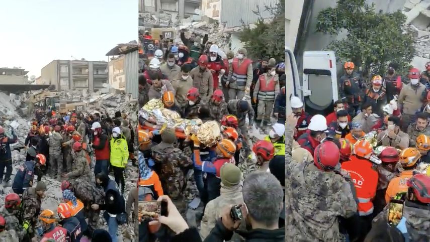 Collage con capturas de pantalla de un video compartido por el alcalde de oposición de Estambul Ekrem Imamoglu en su cuenta de Twitter, donde se aprecia el rescate de Hakan Yasinoglu, 12 días después de la catástrofe.&nbsp;