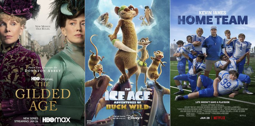 Collage de los afiches promocionales de las algunos de los estrenos en las plataformas de streaming, The Gilded Age, The Ice Age: Adventures of Buck Wild, y Home Team.&nbsp;