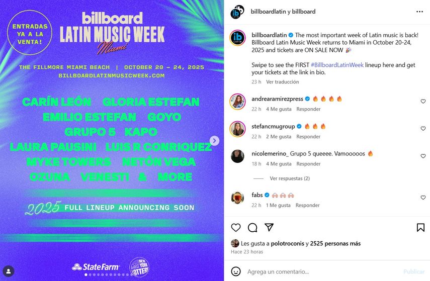 La Semana de la Música Latina de Billboard se celebrará del 20 al 24 de octubre.