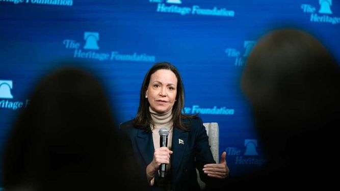 La líder venezolana y la Premio Nobel de la Paz, María Corina Machado, ofrece rueda de prensa desde la Fundación Heritage en Washington, tras su reunión con el presidente Donald Trump