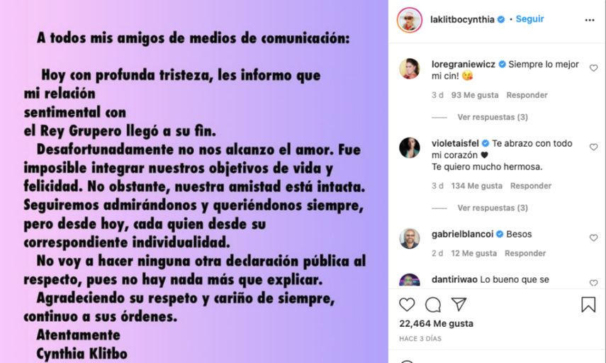 El mensaje de Cynthia Klitbo en las redes.