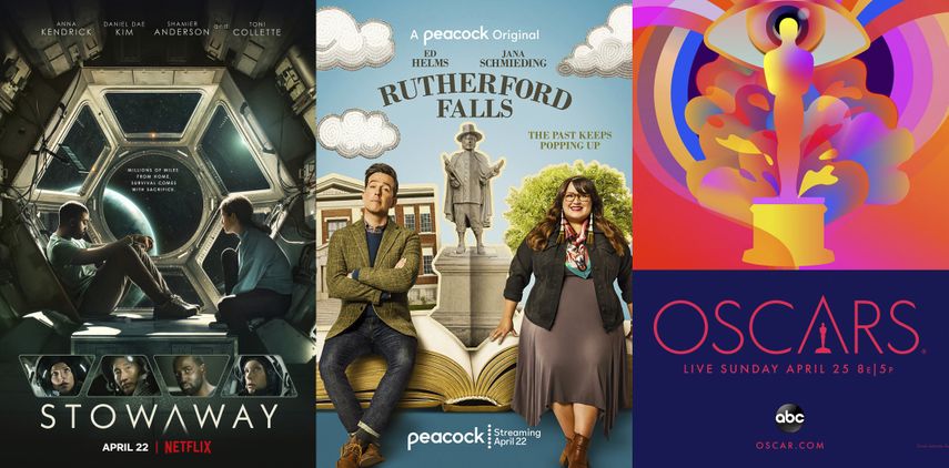 En esta combinación de fotografías el arte promocional de Stowaway, que se estrena el 22 de abril en Netflix, la nueva serie Rutherford Falls, que se estrena el 22 de abril en Peacock y los Oscar, que se transmitirán el 25 de abril por ABC.&nbsp;