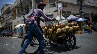 Un hombre vende cocos en una calle del pequeño Haití en el centro de Santo Domingo, República Dominicana.