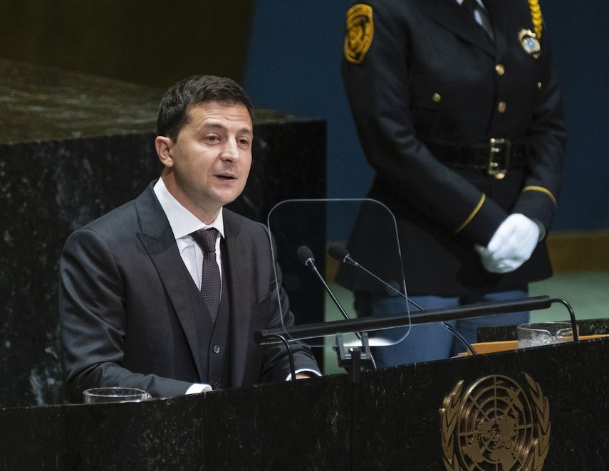 El presidente ucraniano Volodymyr Zelenskiy habla ante la 74ta sesi&oacute;n de la Asamblea General de Naciones Unidas, mi&eacute;rcoles 25 de septiembre de 2019.