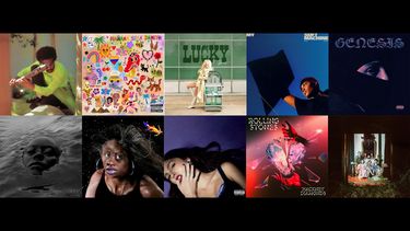 En esta combinación de fotografías las portadas de los álbumes: New Blue Sun, de Andre 3000; Mañana será bonito, de Karol G; Lucky, de Megan Moroney; My Soft Machine, de Arlo Parks; Genesis, de Peso Pluma; Raven, de Kelela; Sundial, de Noname; GUTS, de Olivia Rodrigo; Hackney Diamonds, de The Rolling Stones; y Rat Saw God, de Wednesday.