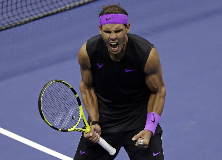 El español Rafael Nadal celebra tras vencer al argentino Diego Schwartzman en los cuartos de final del US Open, el jueves 5 de septiembre de 2019, en Nueva York