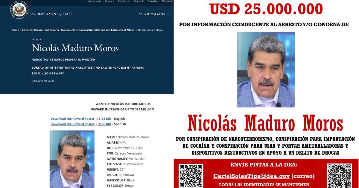 EEUU mantiene recompensa por Maduro como líder del Cártel de los Soles