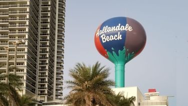 Vista parcial de una torre de agua que identifica a la ciudad de Hallandale Beach, en el norte de Miami.