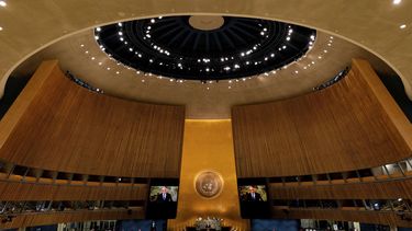 El primer ministro de Israel Yair Lapid se dirige a la 77ma sesión de la Asamblea General de Naciones Unidas, el jueves 22 de septiembre de 2022, en las Naciones Unidas.&nbsp;