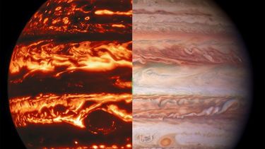 Esta combinación de imágenes proporcionada por la NASA el jueves 28 de octubre de 2021 muestra a Júpiter visto desde el radiómetro de microondas de la nave espacial Juno (izquierda) y su vista en luz visible, capturada por el Observatorio Gemini.