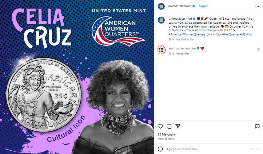 Moneda de 25 centavos con la imagen de Celia Cruz.&nbsp;
