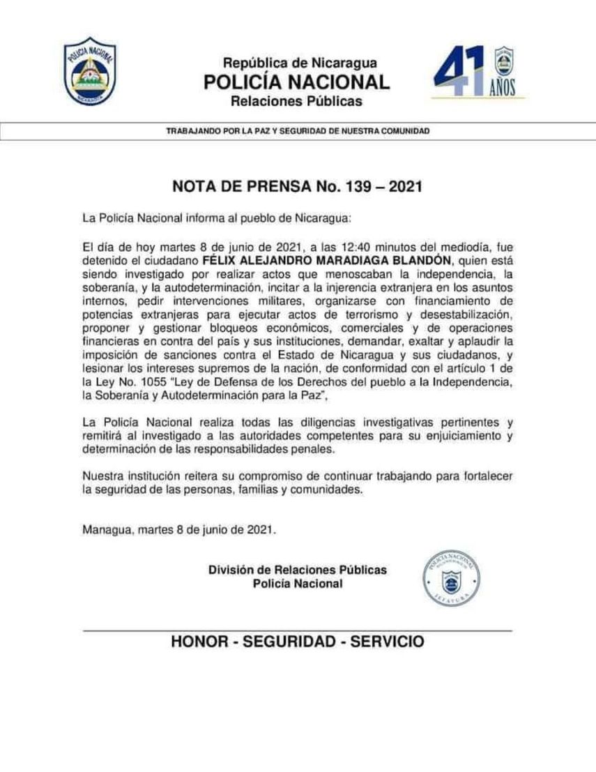 Comunicado de la Policía del régimen de Daniel Ortega.