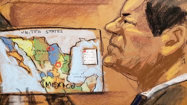 Reproducción fotográfica de un dibujo realizado por la artista Jane Rosenberg donde aparece el narcotraficante mexicano Joaquín El&nbsp;Chapo Guzmán.