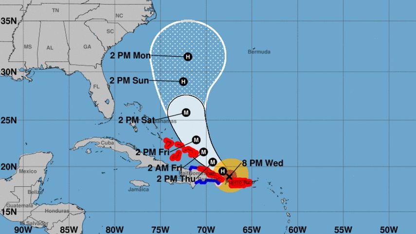 El patrón de trayectoria indica que el centro de María se aleja de la costa noroeste de Puerto Rico&nbsp;desde&nbsp;la noche de este miércoles.