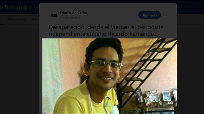 Fotografía del periodista independiente cubano Ricardo Fernández publicada en la cuenta oficial de Twitter de Diario de Cuba a propósito de su desaparición.