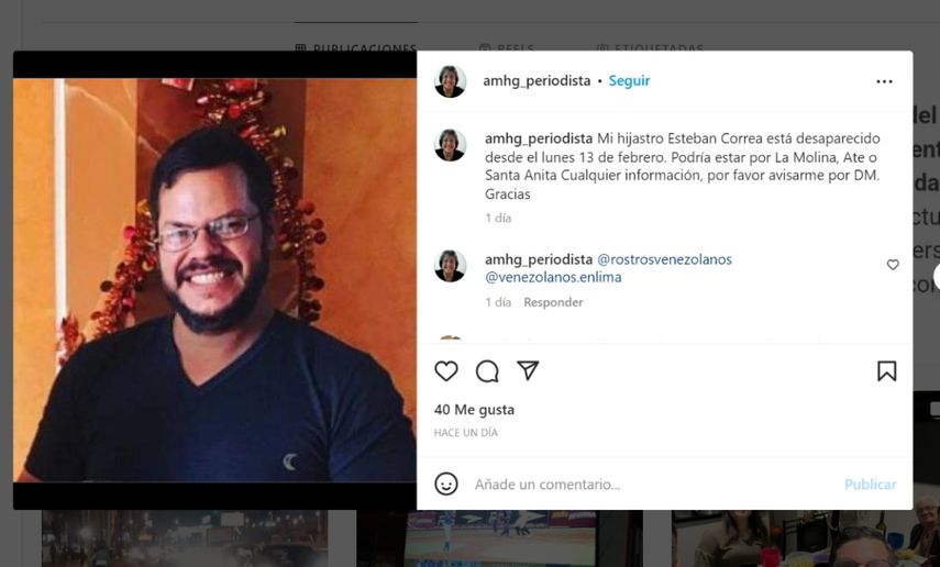 Captura de pantalla de la fotografía de Esteban Manuel Correa Morantes,desaparecido desde el pasado 13 de febrero en Lima, Perú.&nbsp;