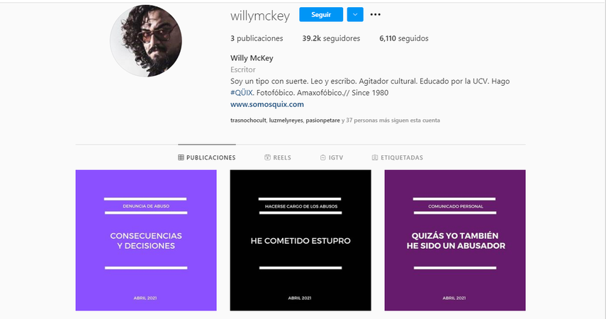 CAPTURA DE PANTALLA de la cuenta oficial del instagram del escritor venezolano Willy McKey