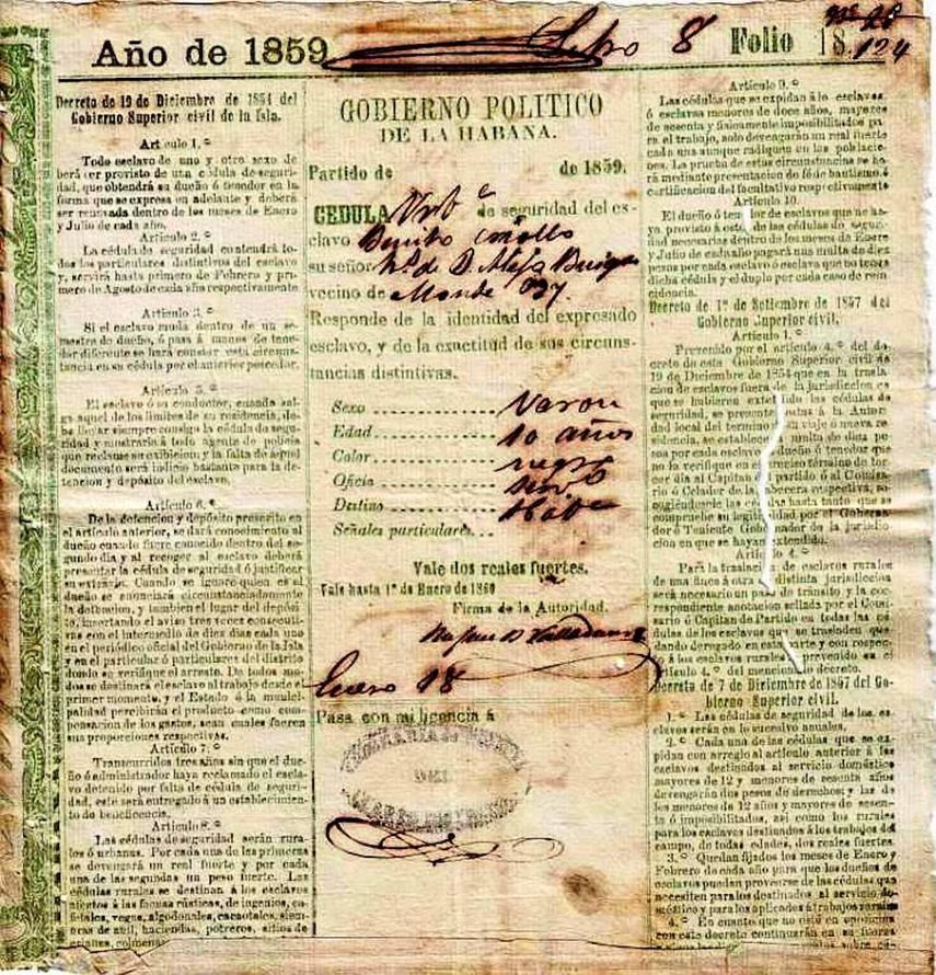 Cédula de identificación personal o «carné de identidad» de un esclavo de color negro de 10 años de edad, llamado Benito Criollo, de oficio siervo y con destino en La Habana, 1859.&nbsp;