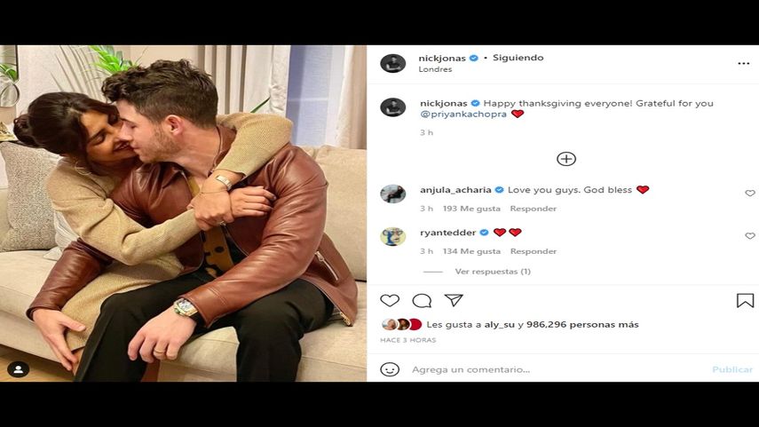 Nick Jonas comparte una imagen junto a su esposa, la actriz Priyanka Chopra, en el Día de Acción de Gracias.