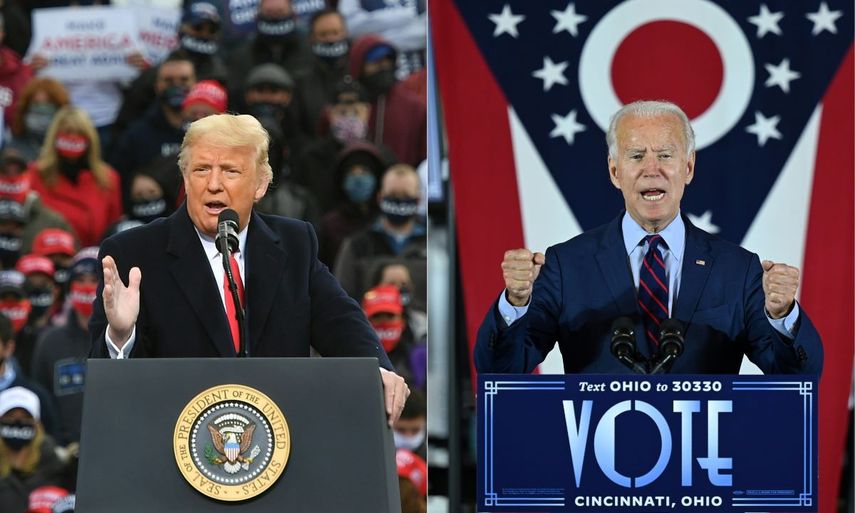 Esta combinación de imágenes muestra al presidente Donald Trump, durante un mitin de campaña en New Hampshire, y al candidato presidencial demócrata Joe Biden, en un evento en Ohio.