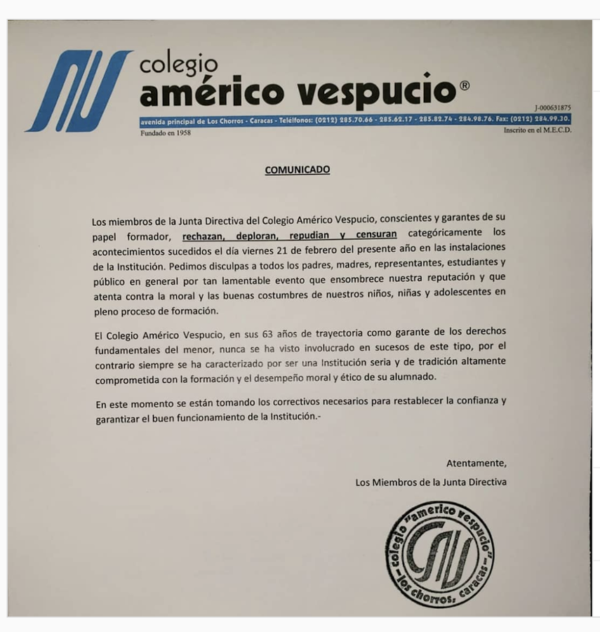 El colegio emiti&oacute; un comunicado rechazando lo ocurrido.&nbsp;