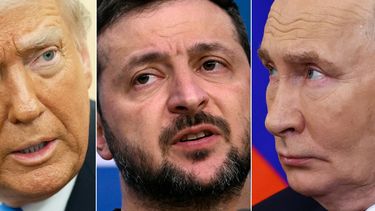 Esta combinación de imágenes creada el 12 de febrero de 2025 muestra (de izq. a der.) al presidente de Estados Unidos, Donald Trump, en Washington, D.C., el 11 de febrero de 2025, al presidente de Ucrania, Volodymyr Zelenski, en Bruselas, el 19 de diciembre de 2024, y al dictador ruso, Vladimir Putin, en Moscú, el 17 de enero de 2025
