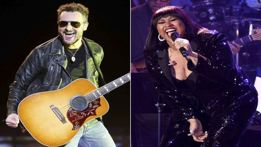 En esta combinación de fotos, Eric Church canta en el Festival Stagecoach Festival en Indio, California, el 29 de abril de 2016, a la izquierda, y Jazmine Sullivan canta en una gala previa al Grammy en Beverly Hills, California, el 9 de febrero de 2019. Sullivan y Church interpretarán juntos el himno nacional el próximo mes en el Super Bowl, mientras que H.E.R. cantará America the Beautiful.&nbsp;