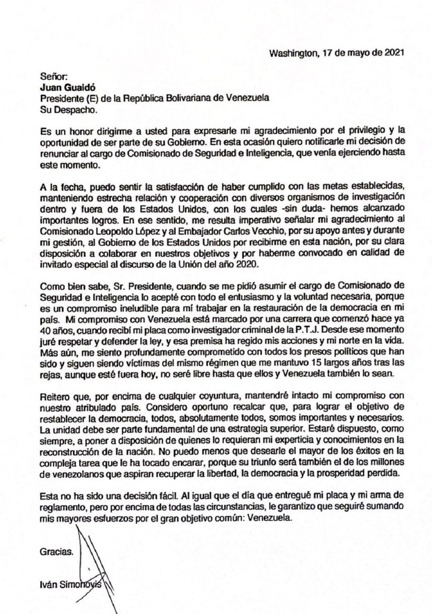 Carta de renuncia de Iván Simonovis.&nbsp;