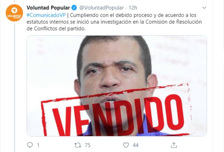 Captura de pantalla del mensaje enviado por Voluntad Popular al anunciar la expulsi&oacute;n del diputado Gregorio Noriega.&nbsp;