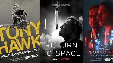 En esta combinación de fotografías, el arte promocional del documental Tony Hawk: Until the Wheels Fall Off que se estrena el 5 de abril en HBO Max, Return to Space un documental que debuta el 7 de abril en Netflix y Tokyo Vice una serie que llega el 7 de abril en HBO Max. 