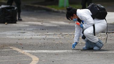 Una investigadora forense recopila cartuchos de bala en el lugar de un ataque al jefe de la polic&iacute;a de la Ciudad de M&eacute;xico a manos de pistoleros, el 26 de junio de 2020.&nbsp;