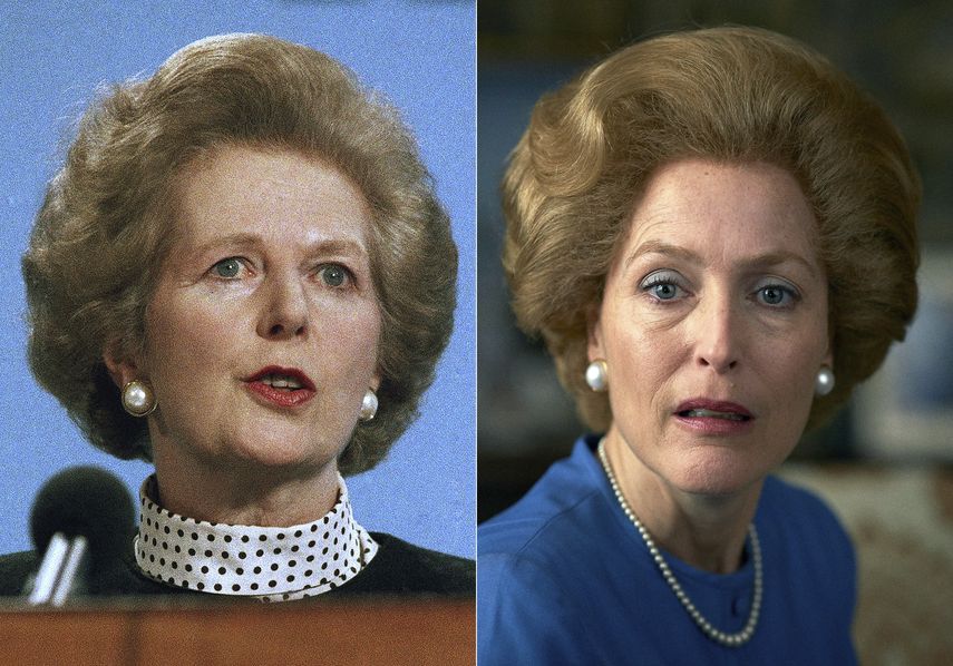 En esta combinación de fotografías, Margaret Thatcher en Scarborough, Inglaterra el 18 de marzo de 1989, y Gillian Anderson como Margaret Thatcher en una escena de la cuarta temporada de The Crown, que se estrena el domingo 15 de noviembre.