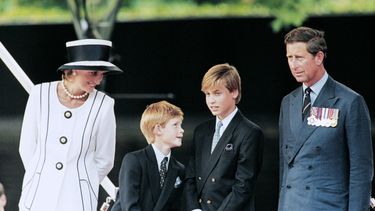 En esta foto de archivo tomada el 19 de agosto de 1995, el príncipe Carlos (izq.), Diana (der.) y sus hijos William y Harry ven la marcha en un estrado del centro comercial como parte de las conmemoraciones del Día de VJ. Una estatua de Lady Di será instalada en los jardines del palacio de Kensington.