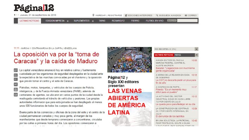 Captura de pantalla del diario argentino Página 12