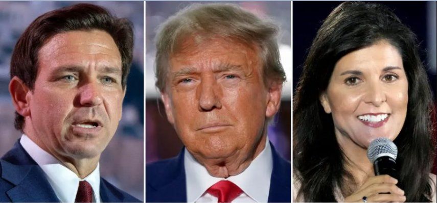 Los aspirantes presidenciales republicanos Ron DeSantis, Donald Trump y Nikki Haley.&nbsp;