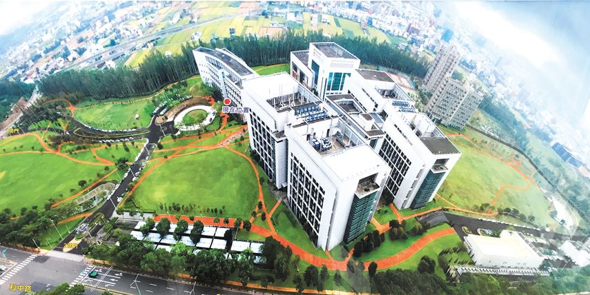 Ilustración de la vista aérea del National Health Research Institute, fundado en 1996, localizado en Jhuan Township, Taiwán
