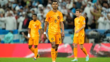 Cody Gakpo, de la selección de Países Bajos, se lamenta durante el partido de cuartos de final ante Argentina, el viernes 9 de diciembre de 2022, en el Mundial de Catar.